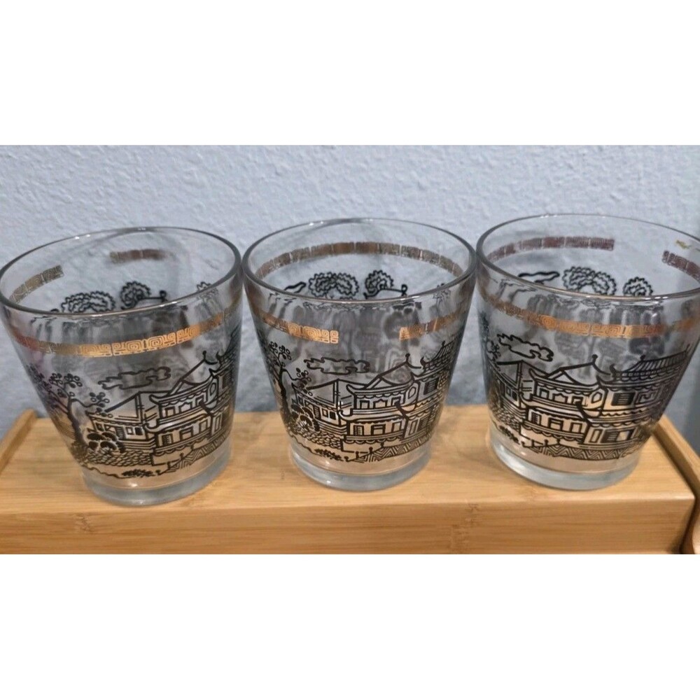 3 Hazel Atlas Mid Century Modern Oriental Asian Sour Cream Bar Drinking Glasses